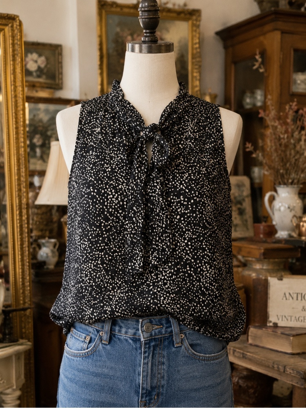 Cynthia Rowley 100% Silk Black Ivory Polka Dot Tie Neck Sleeveless Blouse M